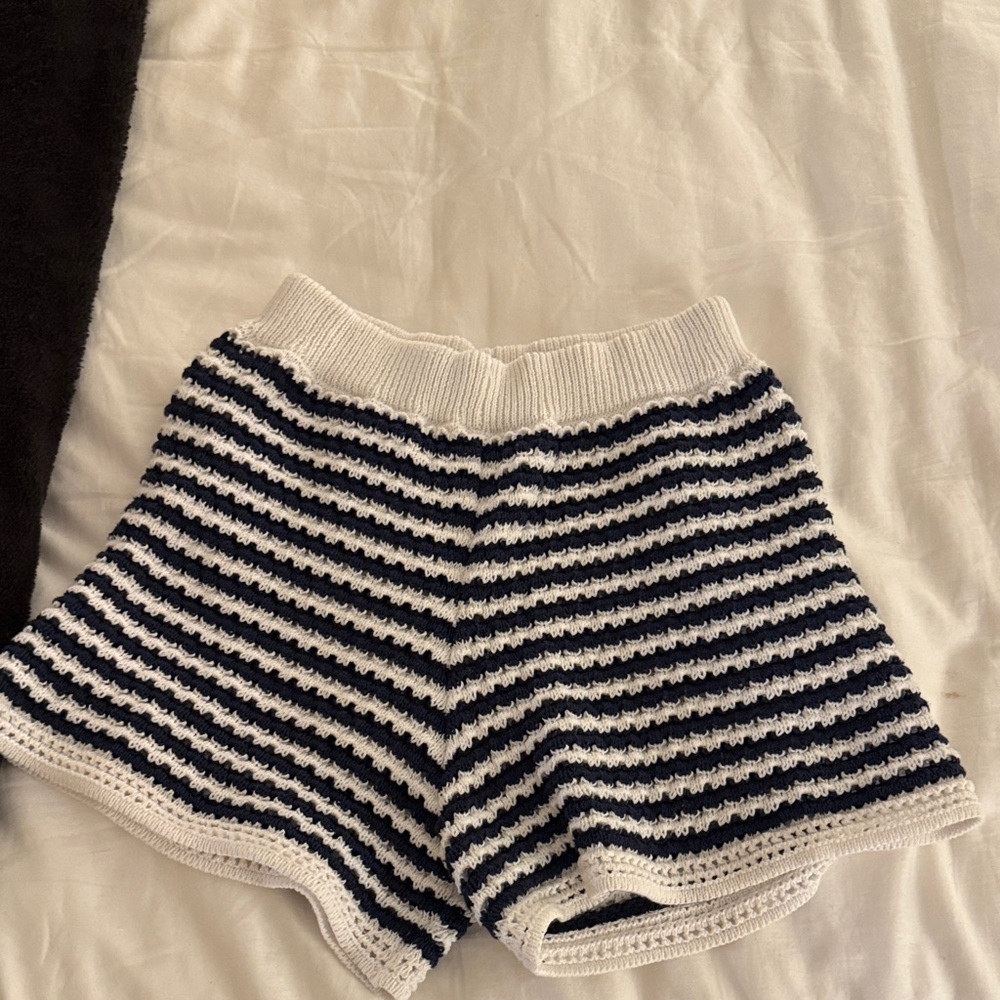 Zara, crochet shorts | navy and white stripe